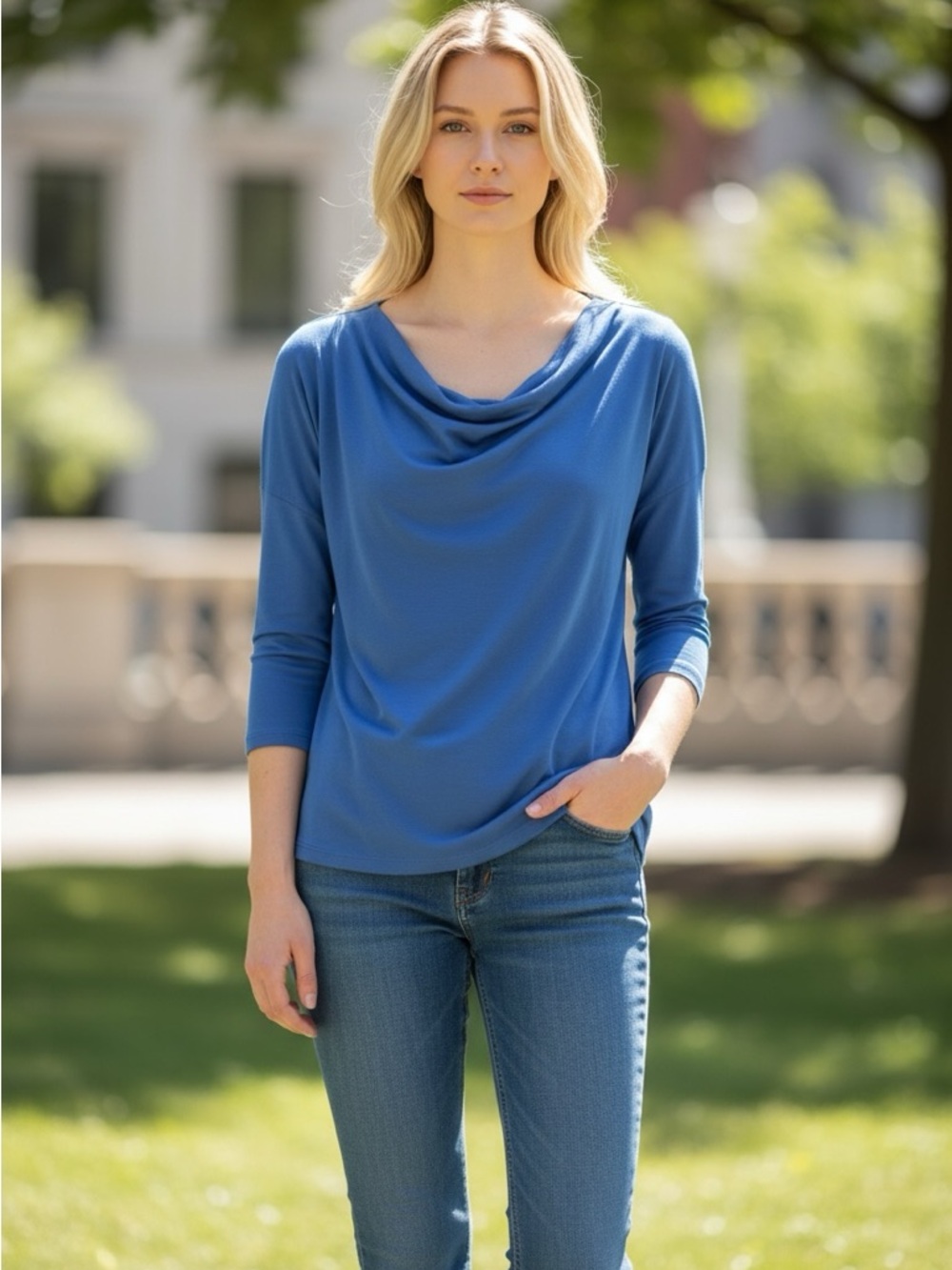 Medium blue Barbara lesser size XL 2 piece top. Very flattering.
